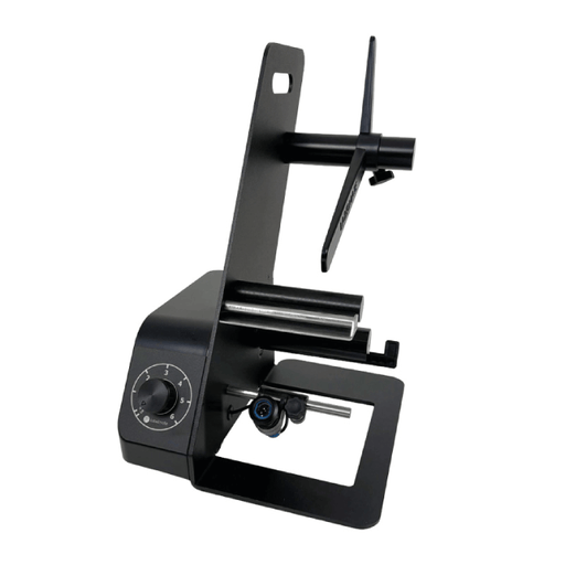 Black metal bracket with adjustable components on a white background