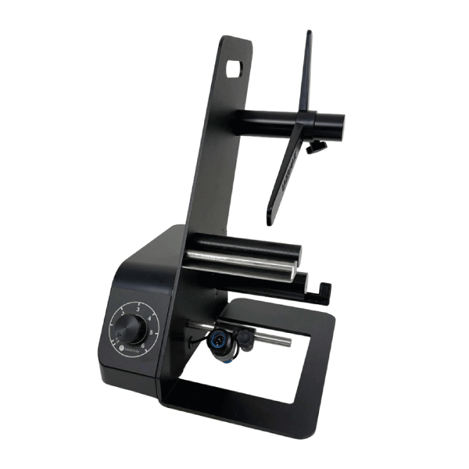 Black metal bracket with adjustable components on a white background