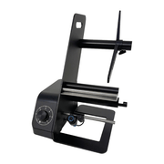 Black metal stand with adjustable arm on a white background