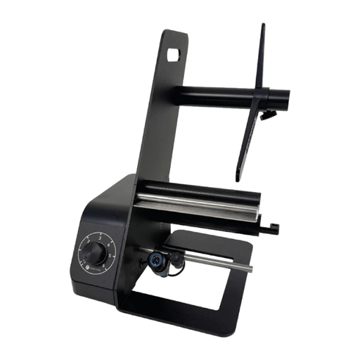 Black metal stand with adjustable arm on a white background