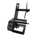 Black metal stand with adjustable arm on a white background