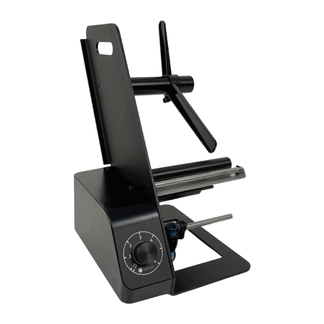 Black metal stand with adjustable arm on a white background