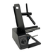 Black metal stand with adjustable arm on a white background