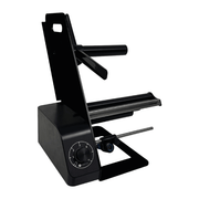 Black metal stand with adjustable arm on a white background