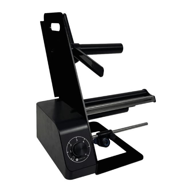 Black metal stand with adjustable arm on a white background