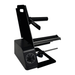 Black metal stand with adjustable arm on a white background