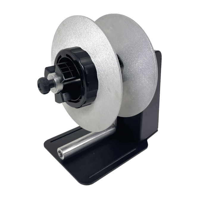 A metal disc brake shown mounted on a black display stand against a plain white background.