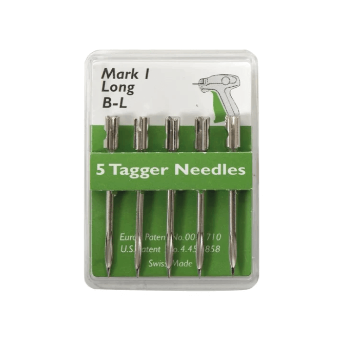Pack of five tagger needles with a clear plastic case on a white background
