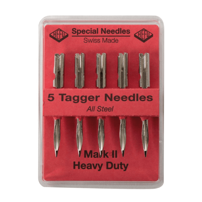 Pack of 5 tagger needles with a red label on a white background