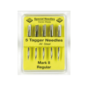 Pack of 5 tagger needles with a yellow label on a white background