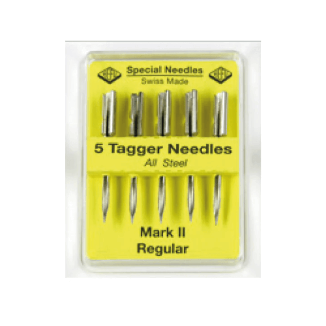 Pack of 5 tagger needles with a yellow label on a white background