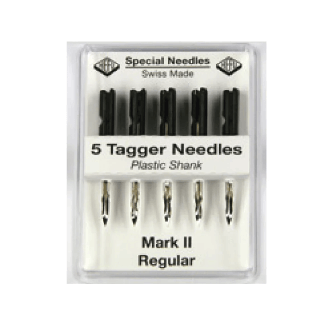 Pack of 5 tagger needles with 'Special Needles Swiss Made' branding on a white background.
