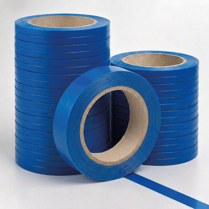 Three rolls of bright blue tape, with one roll standing upright in the back left, one standing upright in the back right, and one lying flat in the front center with a strip unrolled, on a light gray background.