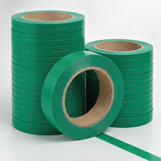 Three rolls of bright green tape, with one roll in the foreground showing a strip unrolled, set against a clean white background.