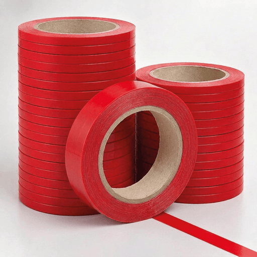 Three rolls of bright red tape, with one roll in the foreground showing the inner cardboard core and a strip unrolled, set against a clean white background.
