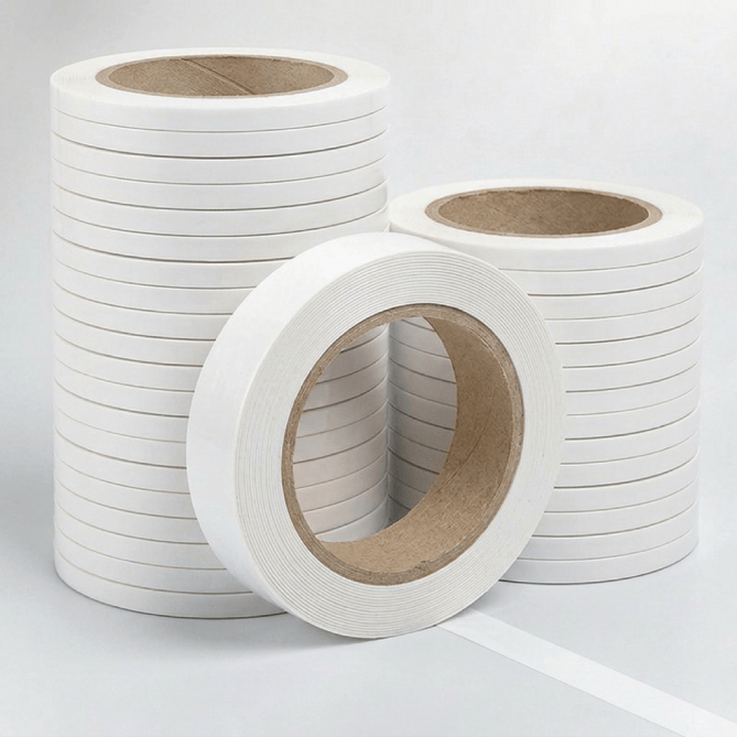 Three rolls of white adhesive tape with brown cardboard cores, arranged on a light gray background.