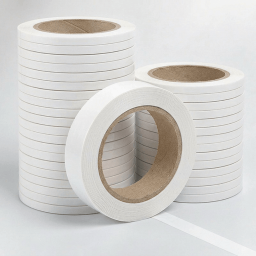 Three rolls of white adhesive tape with brown cardboard cores, arranged on a light gray background.