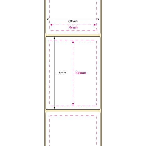 Dimensions of a label layout with dashed lines and measurements in millimeters.