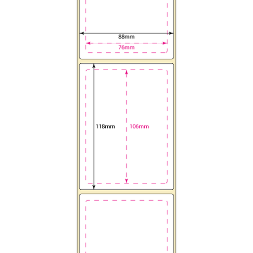 Dimensions of a label layout with dashed lines and measurements in millimeters.