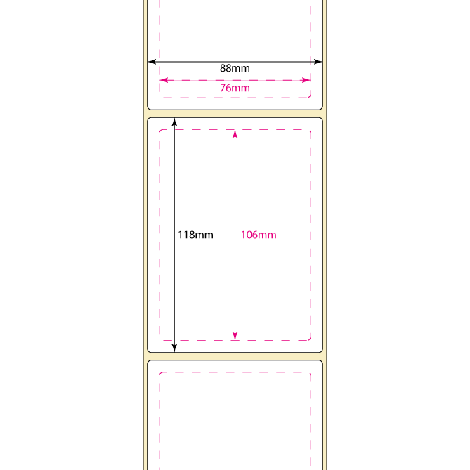Dimensions of a label layout with dashed lines and measurements in millimeters.