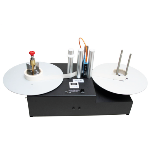 The Reel-to-Reel Counting System is a self-contained table top device equipped with a pre-set counter. The RRC-330-U-ACH can accommodate rolls with a maximum size of 330mm. The take-up shaft can handle cores ranging from 25 to 101mm in diameter.