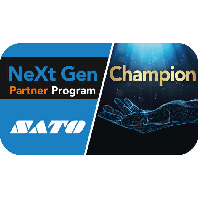 Logo of NeXt Gen Partner Program and Sato with a digital hand graphic on a white background