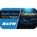 Logo of NeXt Gen Partner Program and Sato with a digital hand graphic on a white background