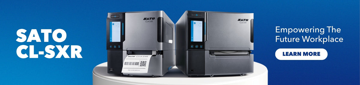 SATO CL-SXR label printing machines shown on a blue promotional background with the text 'SATO CL-SXR' and 'Empowering The Future Workplace' plus a 'LEARN MORE' button.