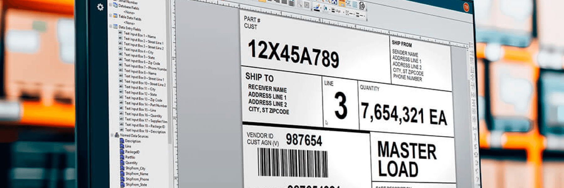 Close-up of a shipping label with product details on a blurred warehouse background