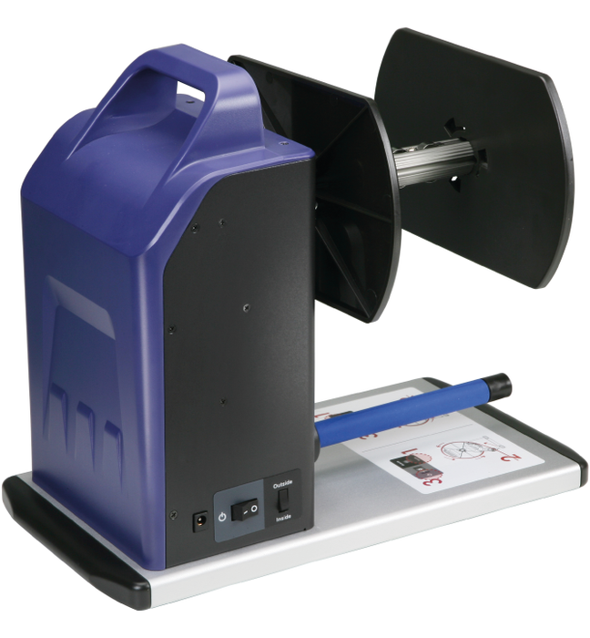 The GoDEX T10 rewinder has an idler arm that can be positioned to rewind labels from either side of the printer. Depending on the user’s requirements, the T10 can rewind "inside or outside" label rolls.