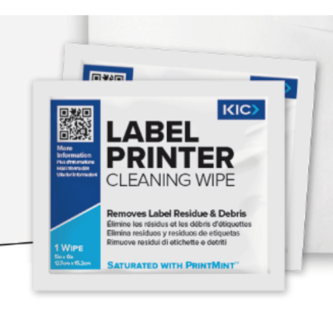 Two KIC Label Printer Cleaning Wipe packets shown on a white background, with one packet in front and another slightly behind it.