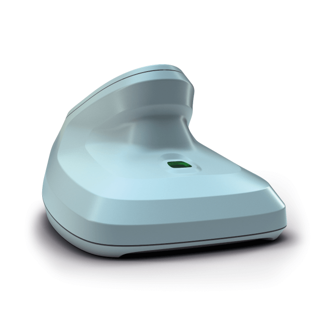 Light blue handheld device on a white background