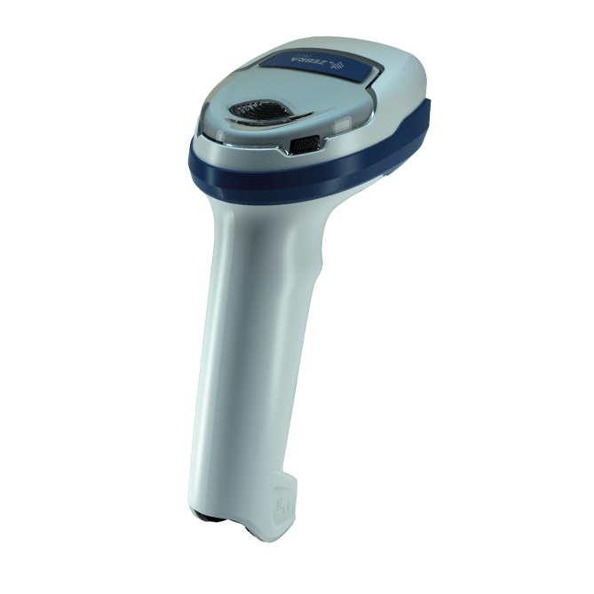 Handheld barcode scanner with blue accents on a white background