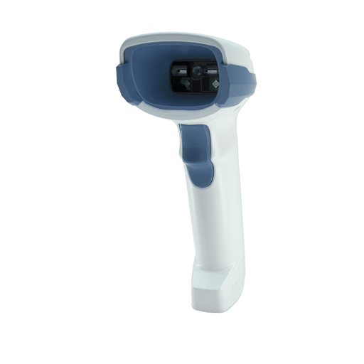 Handheld barcode scanner with blue and white design on a white background