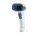 Handheld barcode scanner with blue and white design on a white background