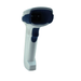 Handheld barcode scanner with blue and white design on a white background