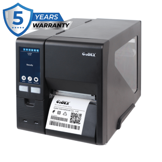 Discover the GODEX GX4000i, an ultra-high speed industrial thermal printer with a 5” touch screen and video assist guidance. Offering top speeds and resolutions (203 dpi, 300 dpi, 600 dpi), robust aluminium design, and a 5-year warranty. Ideal for high-volume, demanding applications.