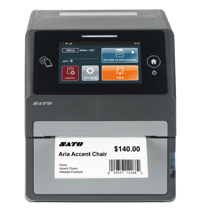 This image provides a visual representation of the SATO CT4-LX Thermal Transfer Printer. It showcases the printer's design, layout, and key features, making it accessible to individuals with visual impairments. The image offers a clear view of the printer's external appearance, including its control panel, label feed mechanism, and connectivity ports. It serves as a reference for those who may need to identify the SATO CT4-LX Thermal Transfer Printer based on its visual characteristics.