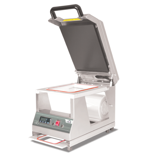 The Friulmed FT2 tray thermosealing machine with manual temperature regulation, ensuring a perfect seal even when the contact area contains grease, fat, etc.  The FT2 uses interchangeable tray molds enabling the user to seal different tray sizes & the fixed work level guarantees sealing on each edge.