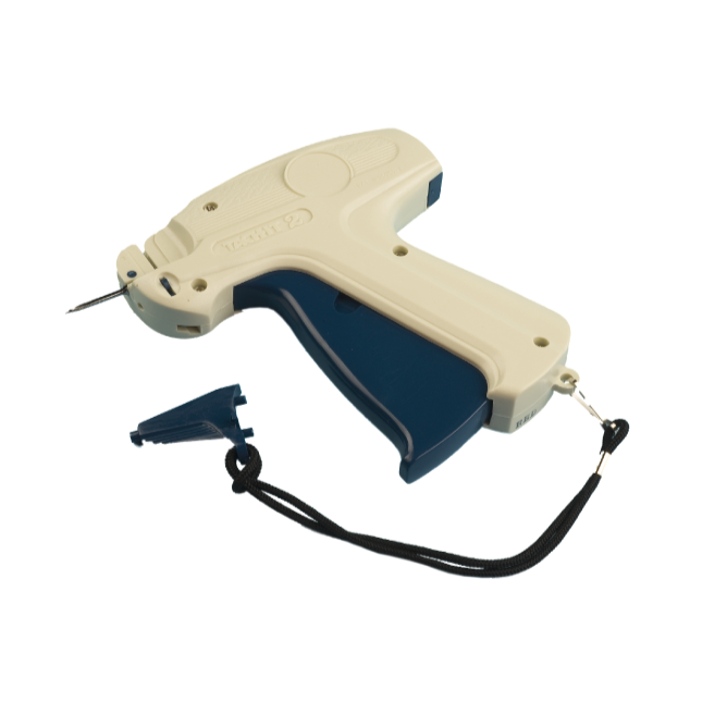 A Tach-It Standard Mk I Tagging Gun, primarily in a beige colour, with a blue handle and tagging needle.