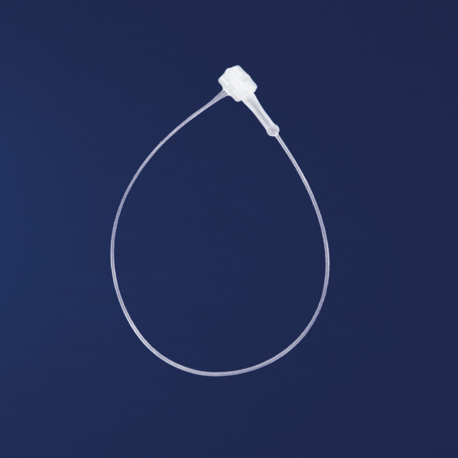 A white nylon security loop with a beaded tie, against a blue background.