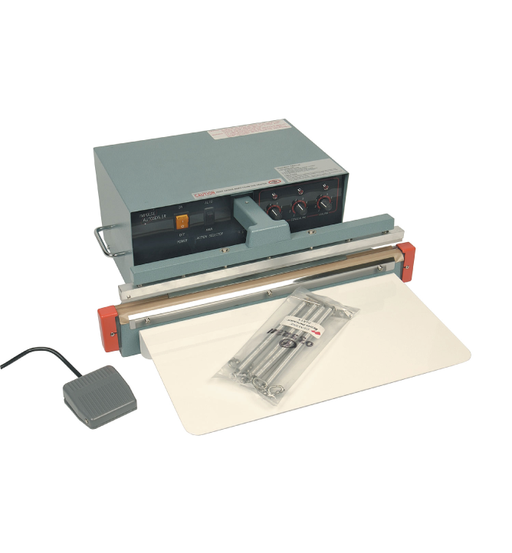 The AI sealer is designed for sealing of thermoplastic films such as polyethylene and polypropylene. These models eliminate operator error in the sealing operation, as it is controlled by a plug-in transistorised circuit board, electronic timers and the uniform pressure provided by an electromagnet.
