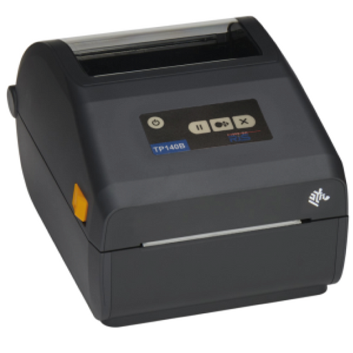 A black RJS TP-140B desktop label printer with a display screen and control buttons.