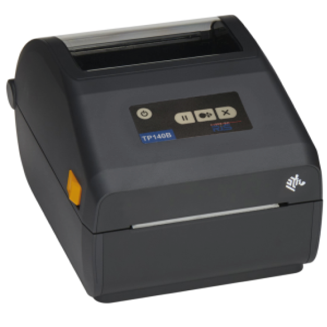 A black RJS TP-140B desktop label printer with a display screen and control buttons.