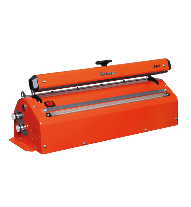 Heavy duty impulse heat sealer with integral cutter, locking sealing bar and remote actuation option