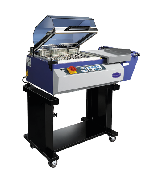 The Optimax SC346 is a manually operated shrink wrapping machine, combining the sealing bar unit with a fully enclosed chamber in which hot air is circulated to seal the film and evenly shrink it around a product.