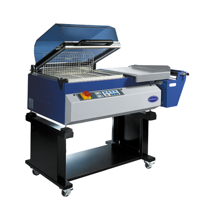 The Optimax SC455 is a manually operated shrink wrapping machine, combining the sealing bar unit with a fully enclosed chamber in which hot air is circulated to seal the film and evenly shrink it around a product.