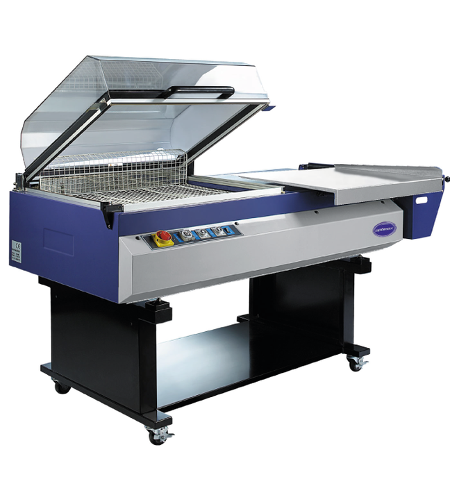 The Optimax SC680 is a manually operated shrink wrapping machine, combining the sealing bar unit with a fully enclosed chamber in which hot air is circulated to seal the film and evenly shrink it around a product. Suitable for use with single products or for collation of several products in one pack.