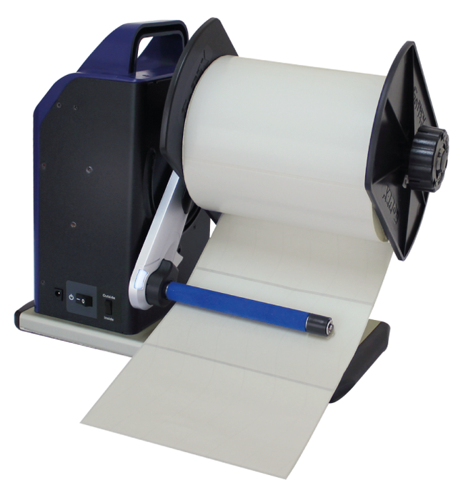 The GoDEX T20 rewinder has an idler arm that can be positioned to rewind labels from either side of the printer. Depending on the user’s requirements, the T20 can rewind "inside or outside" label rolls.
